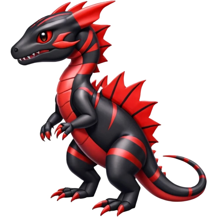 Cute Shiny striped black and red iridescent Guilmon-Salandit-Fakémon-hybrid-creature (full body)  emoji