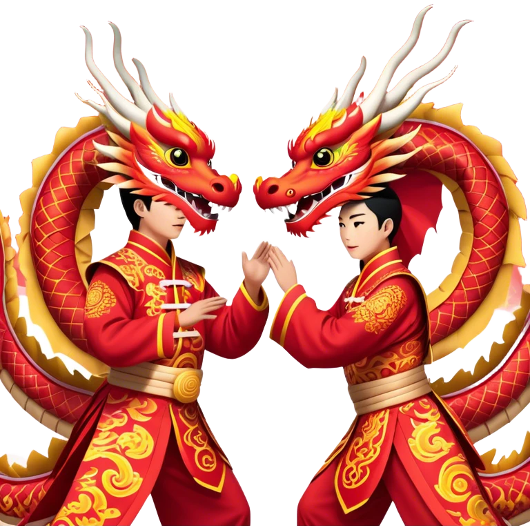 Cinematic Realistic scene of two performers guiding an elaborately designed dragon costume during a Dragon Dance, with vivid traditional patterns and dynamic motion, set under festive, red-tinged lighting emoji