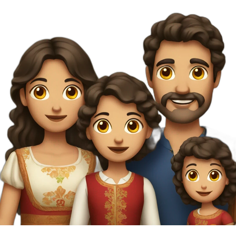 Spanish folk family, with dark brown hair, brown emoji
