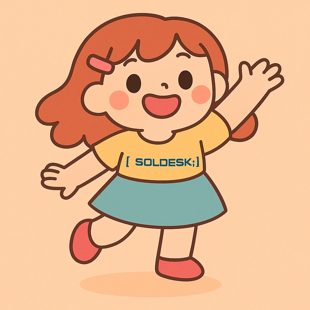 Add the SOLDESK logo to the character's shirt, keep the pastel toon style, preserve the original background. emoji