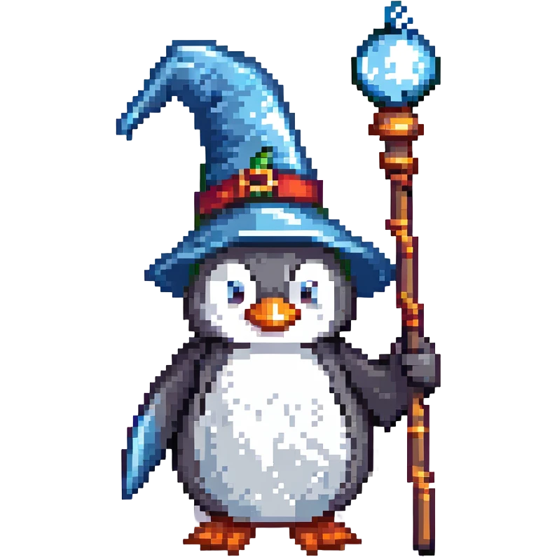 A penguin wizard with a magical staff and a pointy hat emoji