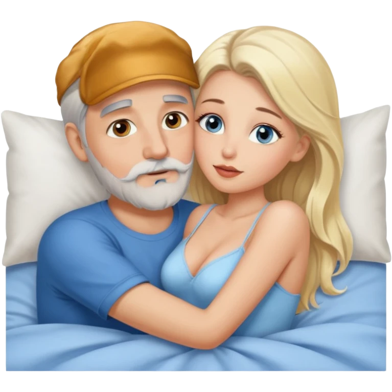 Cuddling Man with hazel eyes and gray beard kissing sexy  blonde blue-eyed  woman in bed emoji