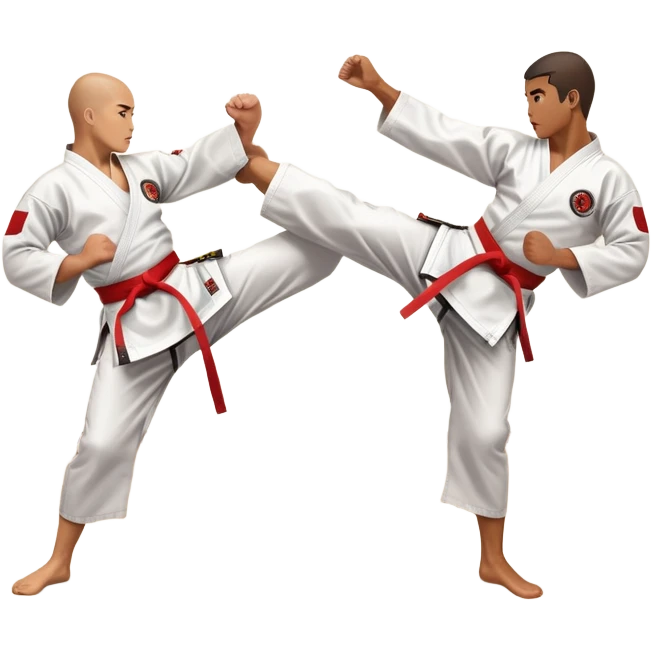 Two karate fighters in traditional gi sparring. One executes a high kick aimed at the opponent’s head, while the other blocks with a strong hand defense. The background features a classic dojo with wooden flooring and banners. Dynamic motion and focused expressions. Transparent background. emoji