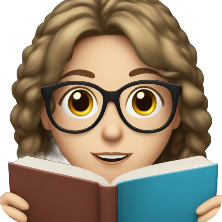 Brunette white girl with blue eyes and glasses, reading a book emoji