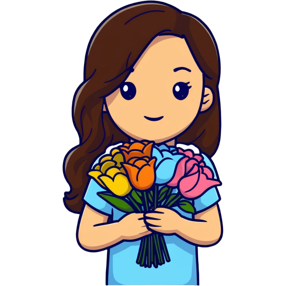 A cool girl with long brown hair and fair skin holding a bouquet of flowers emoji