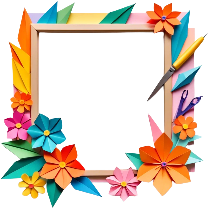 Paper crafting icon, various paper crafts like origami, 3D paper flowers, and scrapbooking materials, visible tools such as scissors, glue stick, and colour paper sheets, colorful paper patterns, minimalistic style, clean lines, transparent background. emoji