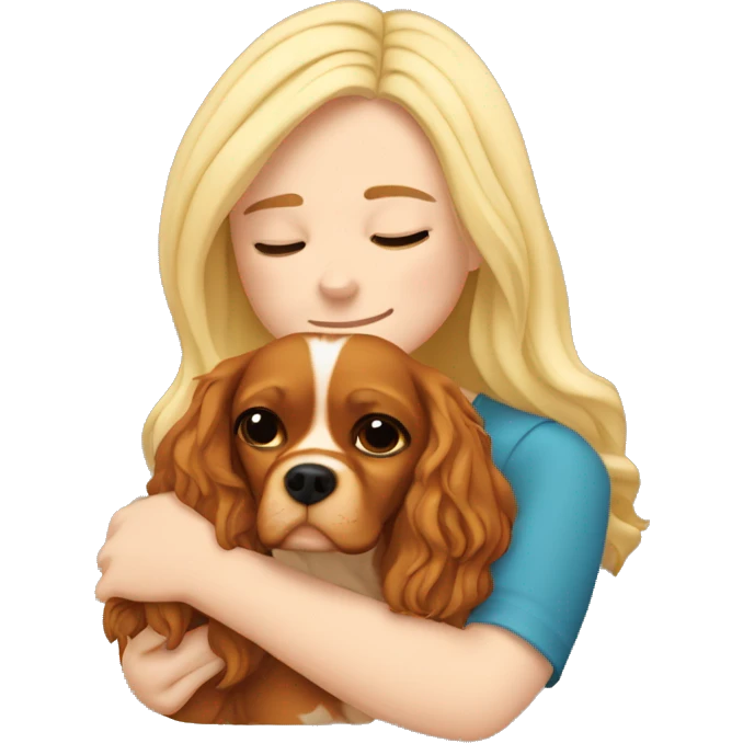Blonde-girl-long hair- eyes closed- hugging a  Cavalier King Charles Spaniel dog emoji
