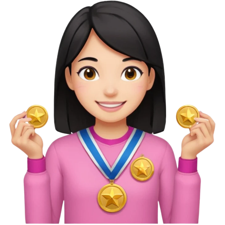 black haired girl wearing pastel pink with medals remove any hats, make her smile emoji