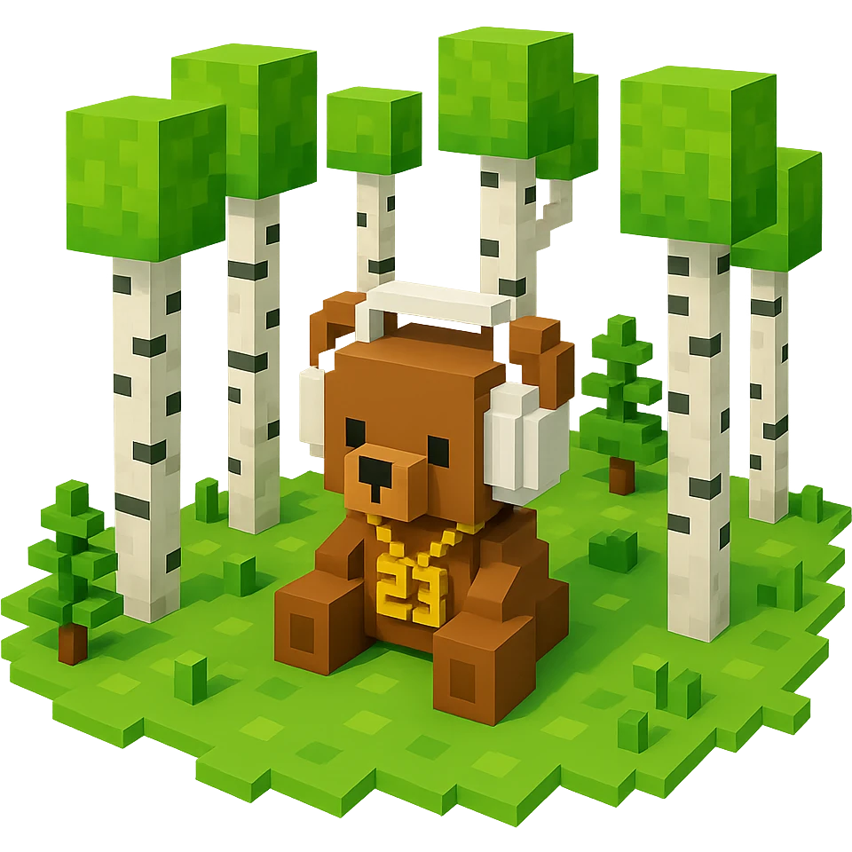 березовый лес, в котором сидит бурый медвежонок в белых наушниках (наушники должны закрывать уши медведя), на медведе цепь с подвеской "23", no background  emoji