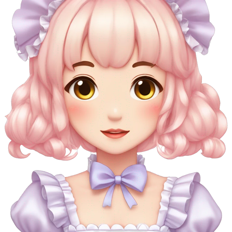 Gorgeous anime style lady blushing face maid outfit Lolita idol model colorful shiny sparkle kawaii pastelcore cottagecore pearly petite simplistic aesthetic trending style emoji