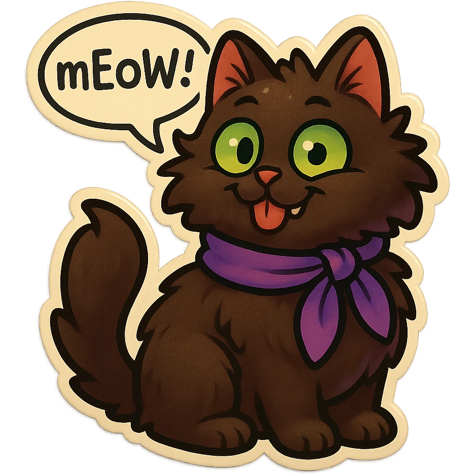 Fluffy cute derpy silly smiling happy dark-brown cat with green eyes and a purple scarf saying ‘mEoW~!’ (With a speech bubble) emoji