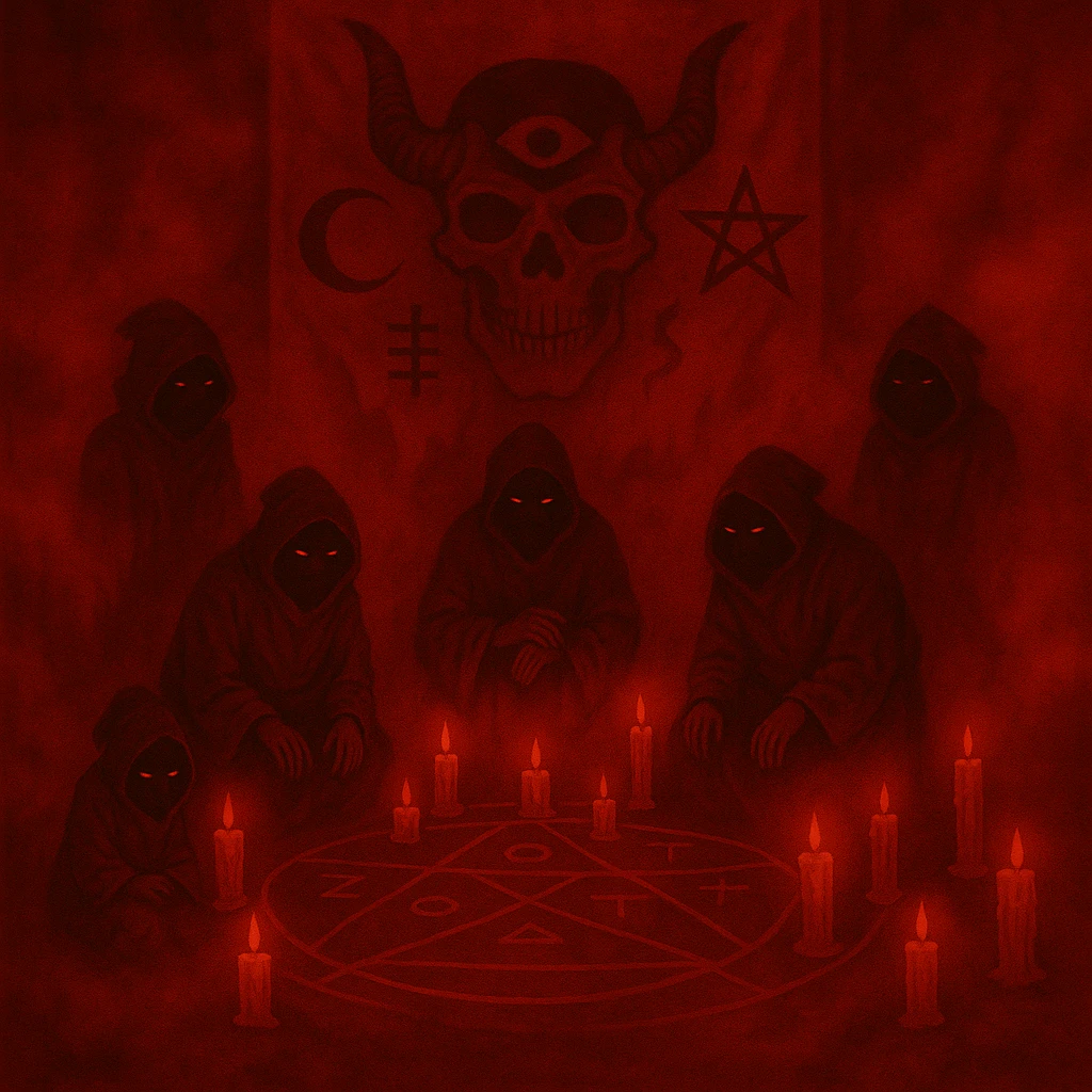 Change the color scheme to red and black with intense red fog and mist, creating an overall red horror palette. Keep all other details unchanged. emoji