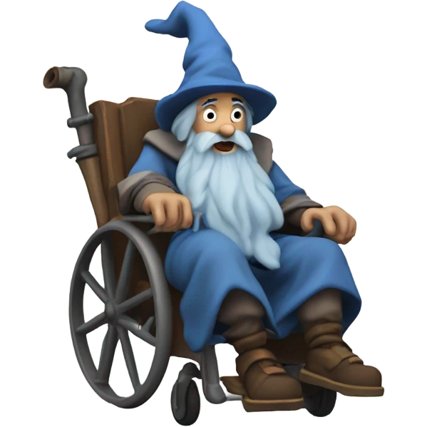 A old wizard with huge muscles and a blue beard and dirty cloths is in a wheelchair and smoking a pipe emoji