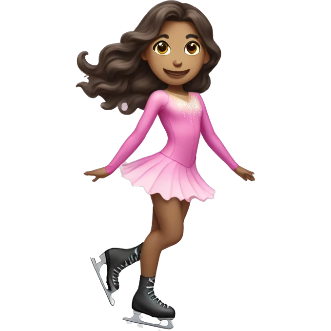 Girl with long dark brown wavy hair and a pink figure skater outfit on Ice skating  emoji