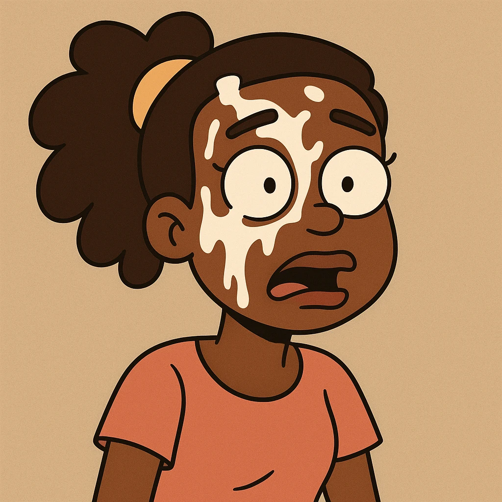 cartoon style illustration of a dark-skinned girl with milk on her face emoji