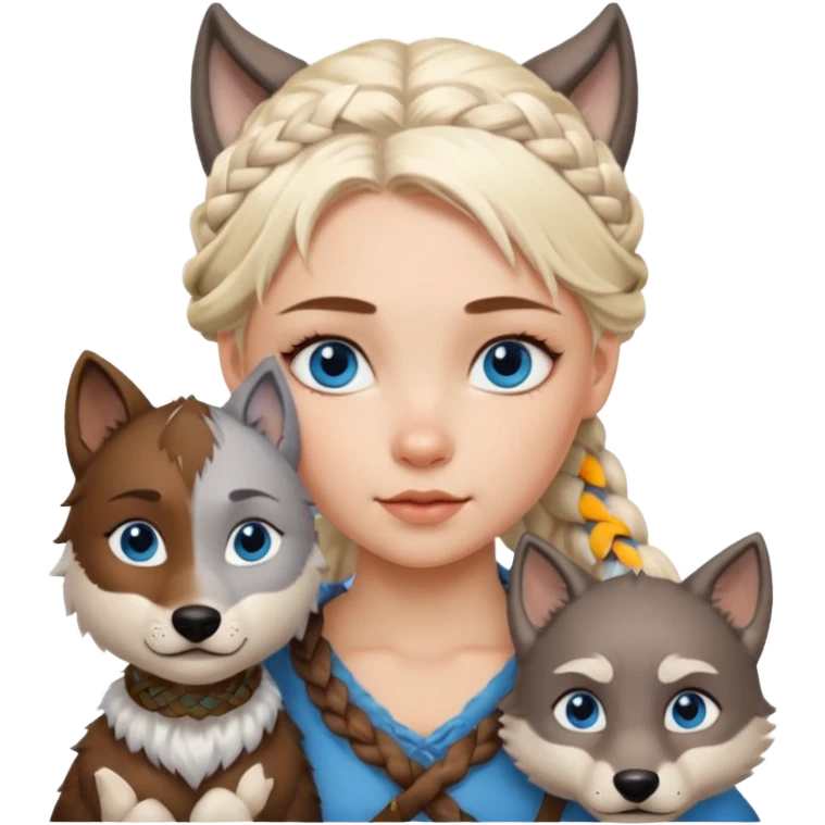 Viking platinum blonde girl with braid and blue eyes. Wolf pet emoji