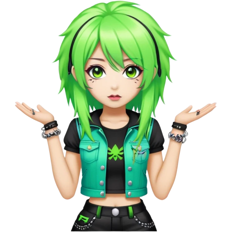 hime gyaru girl, neon green hair, dark makeup, punk clothes standing emoji