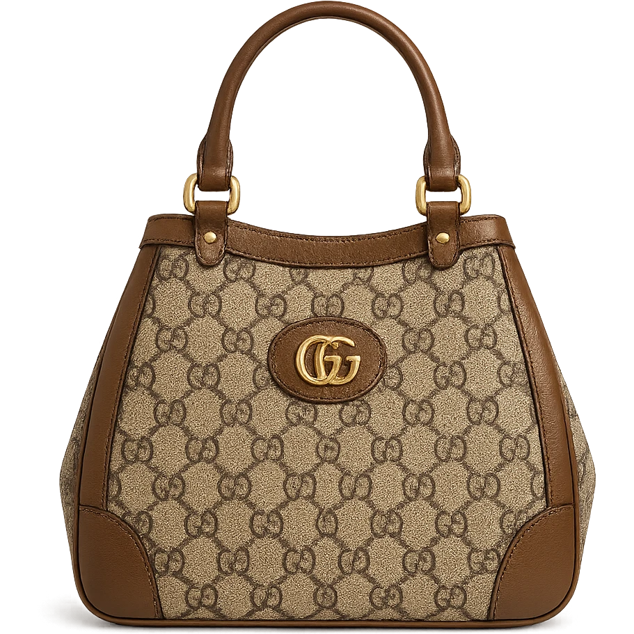 gucci bag, classic monogram pattern, brown leather trim, gold hardware, stylish, isolated, no background emoji