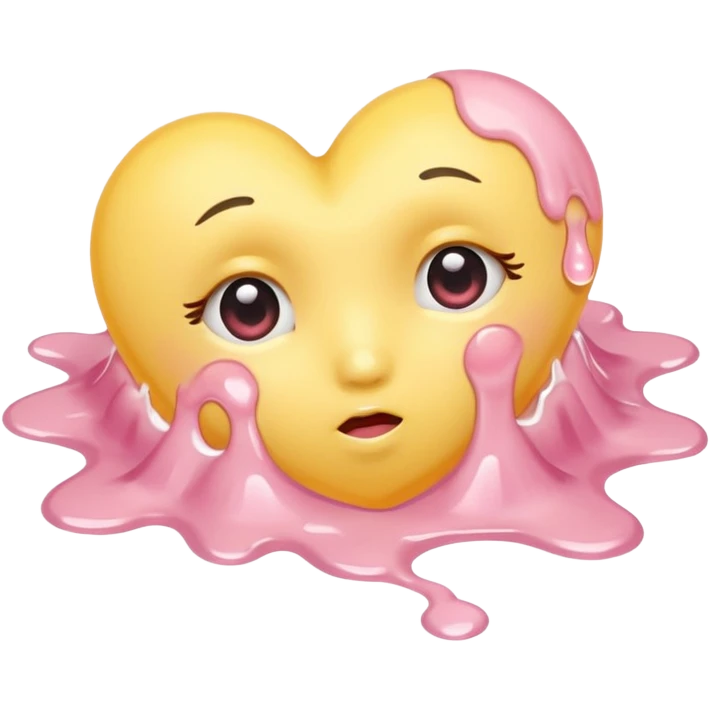 A pastel-yellow heart melting into soft pink tears, curled on a clouded floor under warm sunrise light. emoji