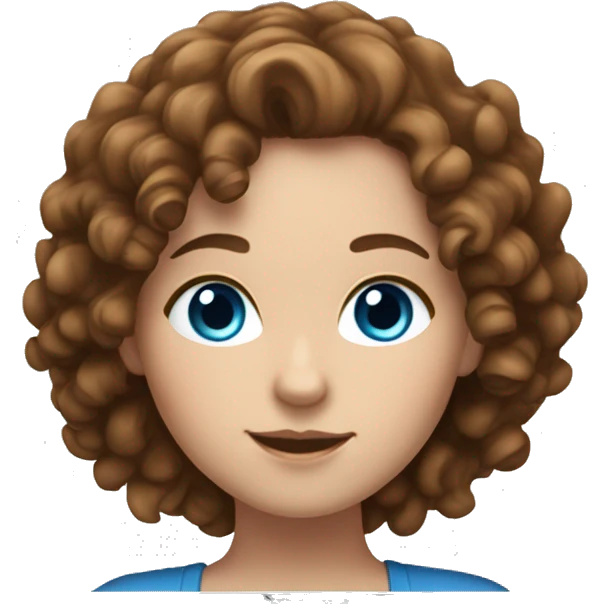 A white girl with brown curly hair and blue eyes is working on a laptop emoji