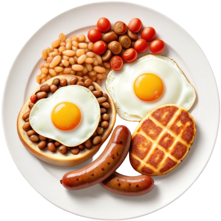 English Breakfast Cinematic Realistic English Breakfast Dish Emoji, depicted as a hearty plate featuring 2 sizzling sausages, a central serving of baked beans, 2 perfectly fried eggs, 2 sliced grilled tomatoes, 2 grilled mushrooms, and a triangle-shaped hash brown, rendered with vivid textures and warm, inviting lighting. emoji