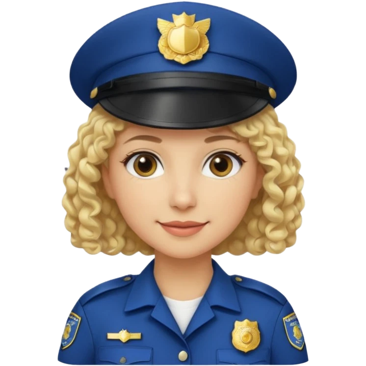 A light-skinned woman with short curly blonde hair, wearing a navy police hat with a badge, and a calm smile. emoji