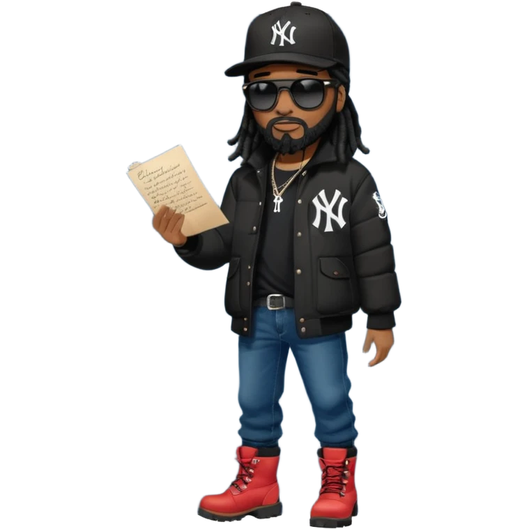African American man with shoulder length black dreadlocks with black beard wearing black sunglasses wearing a black New York Yankees logo baseball cap wearing a black bubble winter coat with denim skinny jeans and timberland boots writing a letter emoji