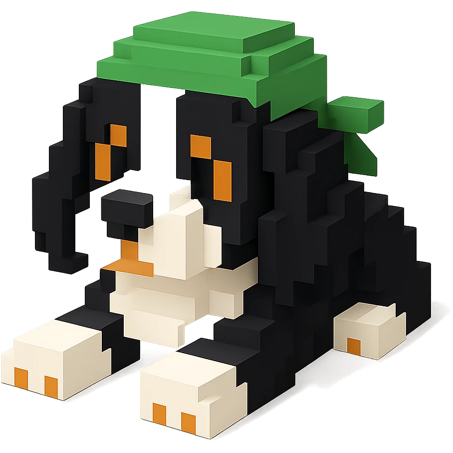 A black and white Russian Cocker Spaniel puppy wearing a green durag, voxel style, lying down emoji