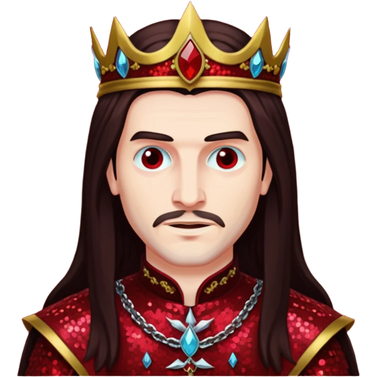 Vlad Tepes with long dark brown hair, dark red sequin outfit emoji