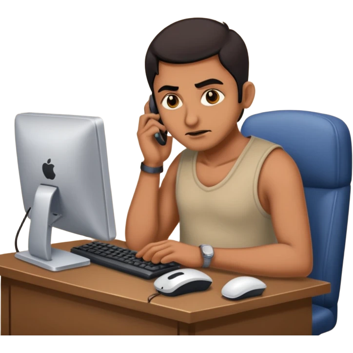 mean looking phone scammer in sketchy call center in india working our of filthy bedroom emoji