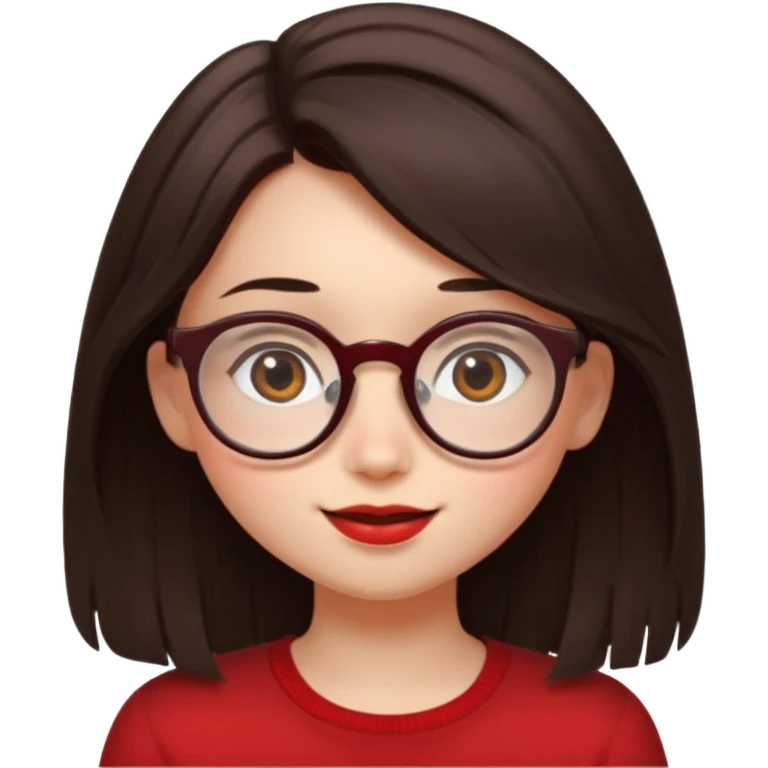 Shy girl with long dark brown hair and round red-rimmed glasses glancing at boy with straight, short, and voluminous, tousled brown hair and cheeky smile. emoji