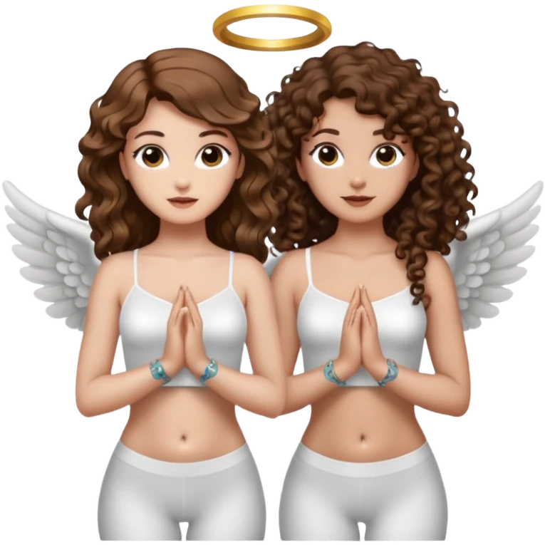 fake angel pose — long wavy brown hair tattooed woman and short tight curly brown hair woman — halo sparkle emoji