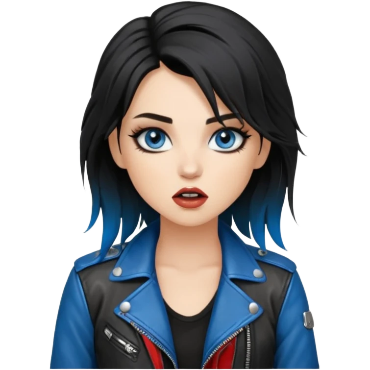 
 rockstar girl with black disheveled hair, blue eyes, Smokey eyes grunge makeup, singing  emoji