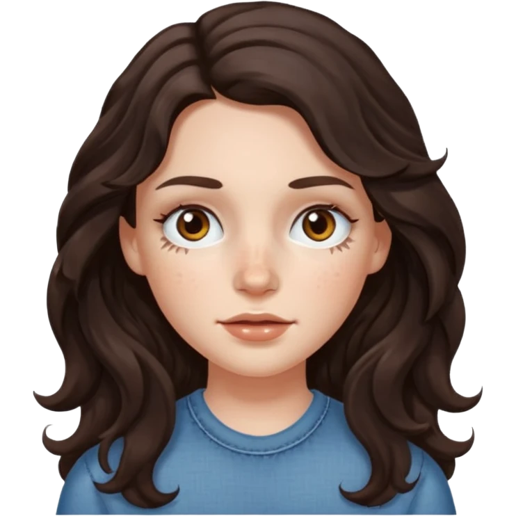 A white girl with long dark brown wave hair and patches under her eyes emoji