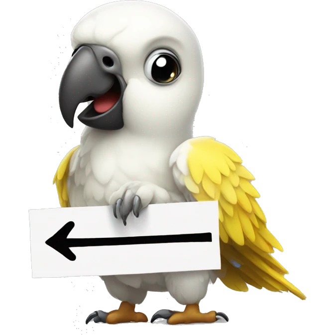 white and yellow parrot  holding a sign with the black inscription i love you emoji
