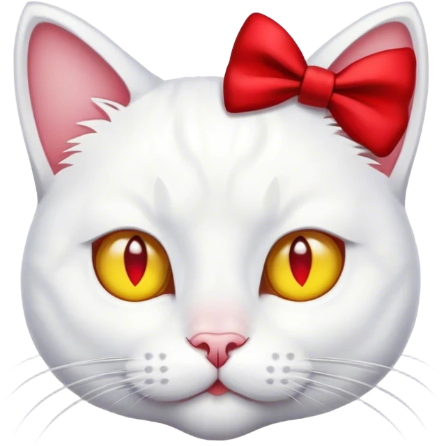 white cat, yellow nose, red bow on right ear emoji