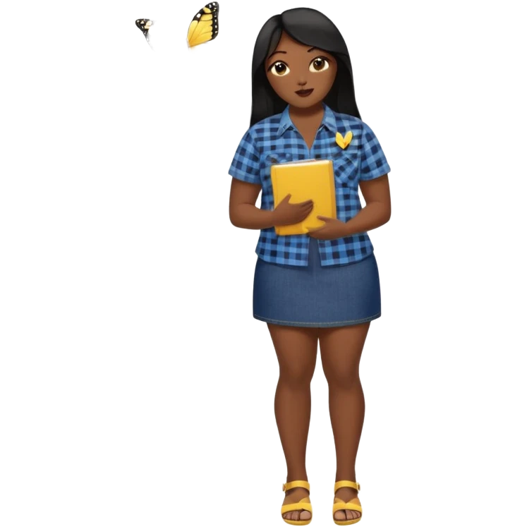 A plus-size Black woman is wearing makeup. She has long, straight black hair and is wearing a short-sleeved flannel shirt with a yellow butterfly print, a denim miniskirt, and sandals. She is standing and holding a book in one hand while extending her forearm upward with the other. emoji