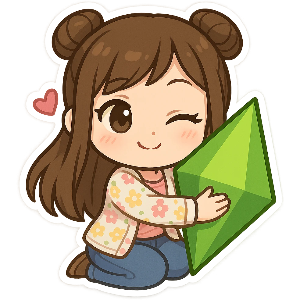 chibi sticker of a girl with brown straight hair in double buns, brown eyes, wearing a pastel floral cardigan and jeans, white outline, being flirty and hugging a plumbob, transparent background, 512x512px emoji