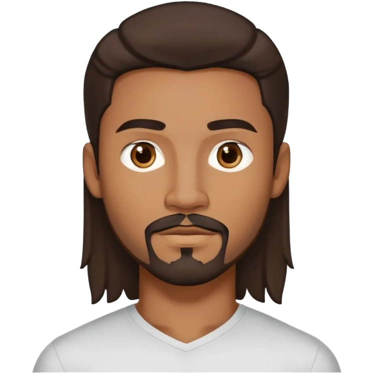 Young man with medium brown skin, mixed-race ethnicity, long dark brown hair with a very defined center part exactly in the middle, goatee, mustache, and medium brown eyes, head only emoji