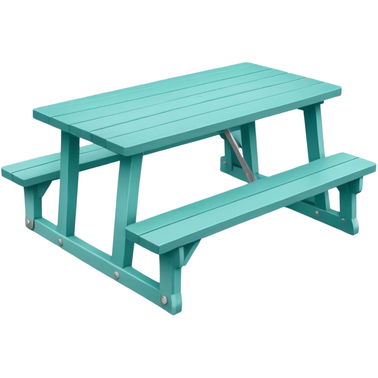 rectangular picnic table with benches, white tips on table and bench ends, straight vertical legs, soft teal color, small wheels, flat wood-style silhouette, clean geometry, minimal shading emoji