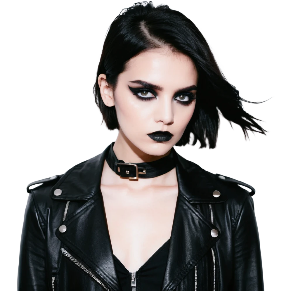 Chucky's bride in a black dress and black leather jacket, heavy dark eye makeup emoji