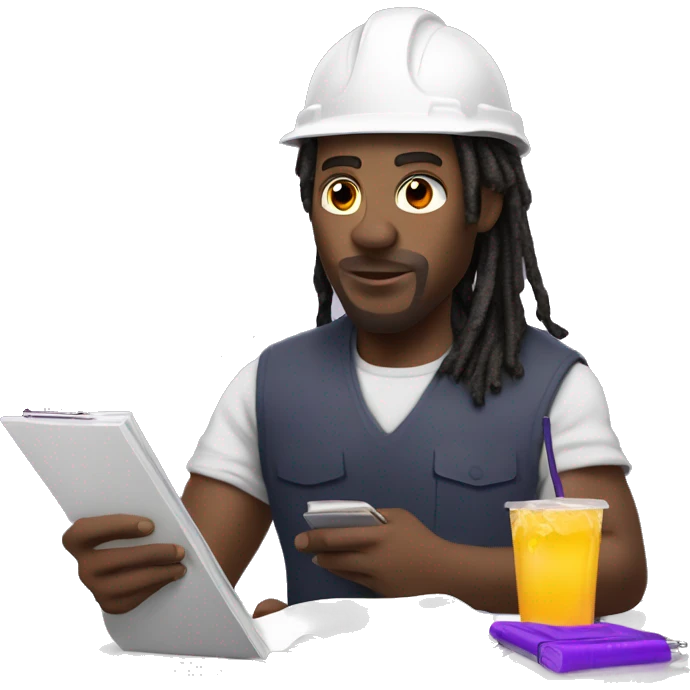 Black man with dreads with a hard hat and clipboard and a purple drink in other hand  emoji