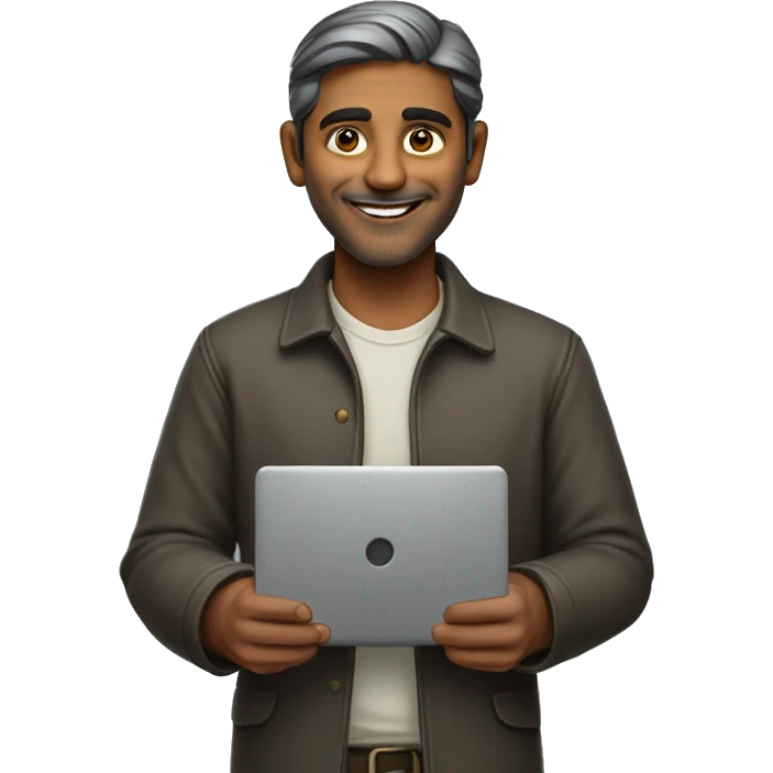 an Indian man with a warm, friendly smile holding a laptop in standing postion.  emoji