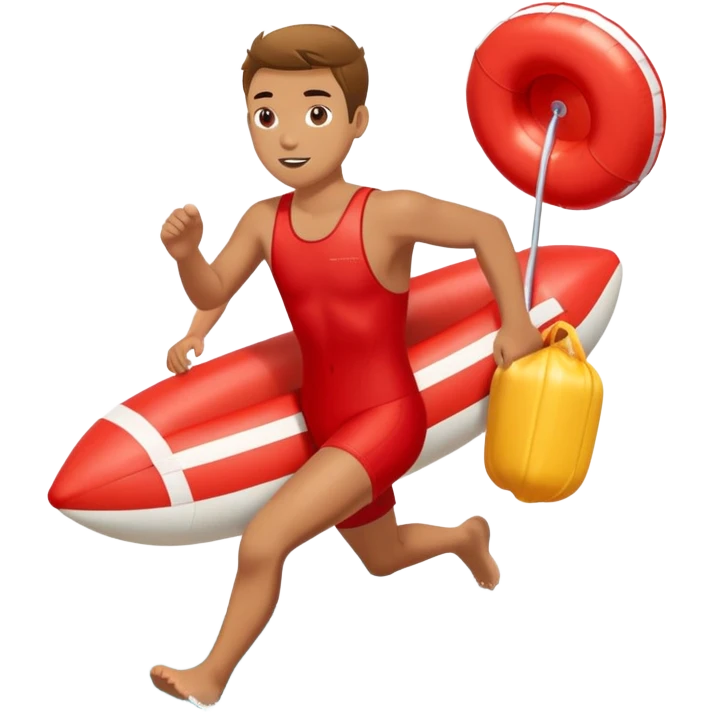lifeguard in red swimsuit running with rescue float emoji