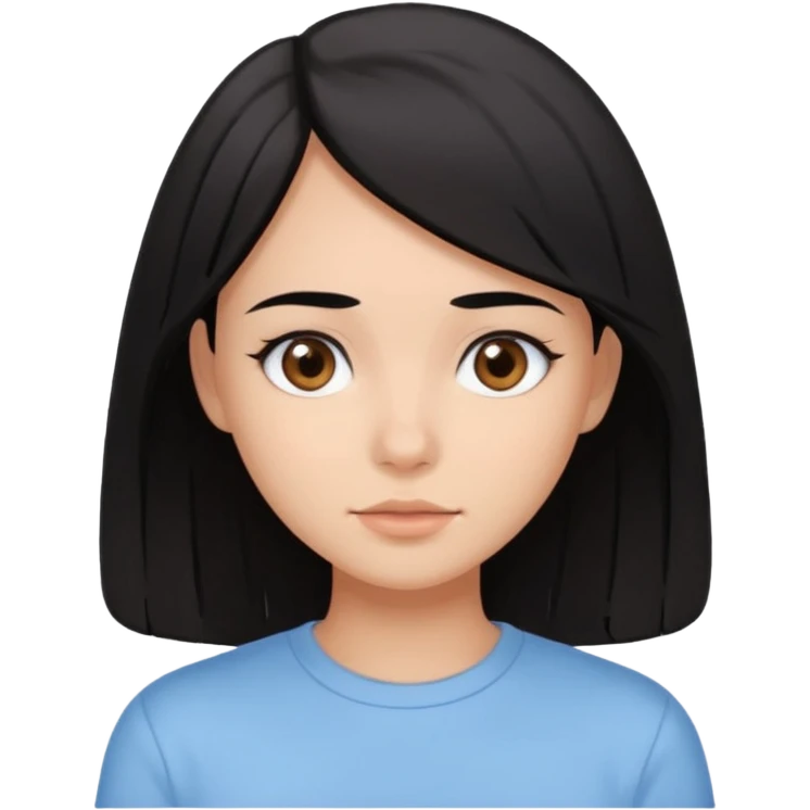 Emoji of a girl with black-brown long bob hair, fair tan skin, brown eyes, soft black eyebrows, pastel blue shirt, clean girl aesthetic, white background  emoji