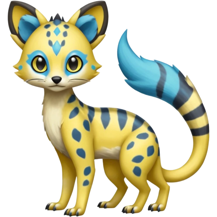 Colorful Yellow Meloetta-Civet-Sergal-Genet-Pokémon-Digimon-Fakémon-fusion-hybrid-creature with Cyan stripes and blue leopard-spot-markings  emoji