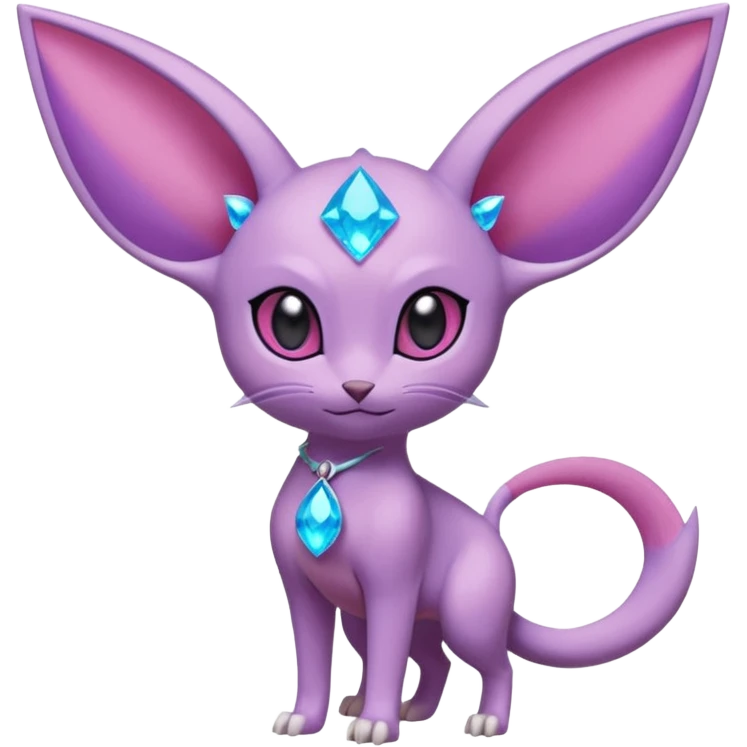 Espeon pokemon, pastel purple body color, one dark pink jewel middle of forehead only, end of tail split in two, ear like flaps coming out 
of each cheek, inside of big pointy ears is blue
 (full body) emoji