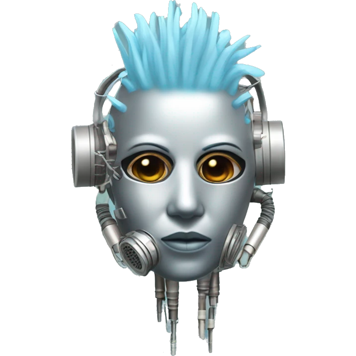 Light blue Mohawk female cyborg head with silver respirator mask and circuits emoji