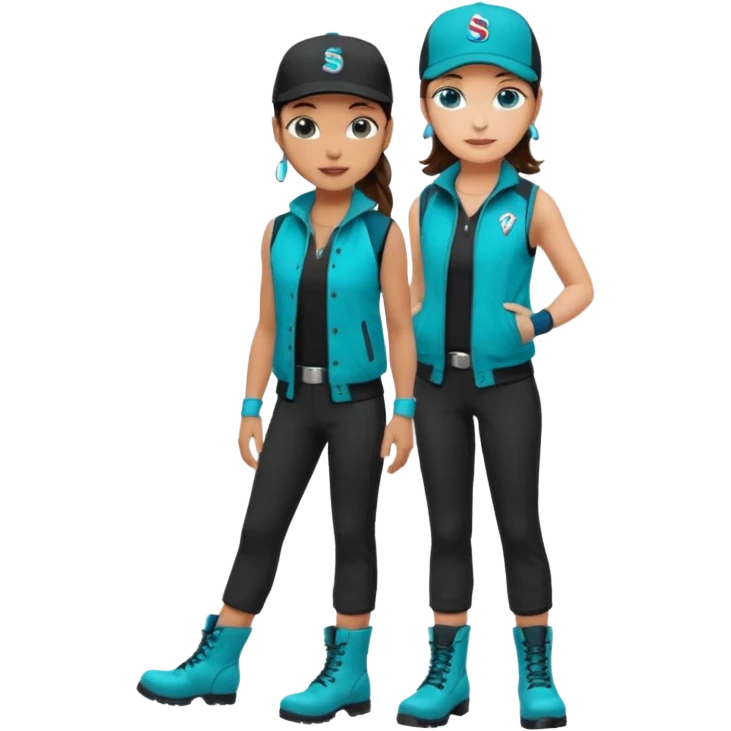 A landscaper in a beautiful turquoise jacket and turquoise boots, black pants, and a black sleeveless shirt. On his head is a black Swissotel baseball cap. The girl is a brunette with blue eyes. emoji