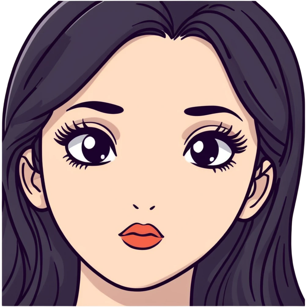 White girl with long oval face, huge round black eyes, big eyelashes, no makeup, natural lips, face closeup, long straight black middle-parted hair emoji